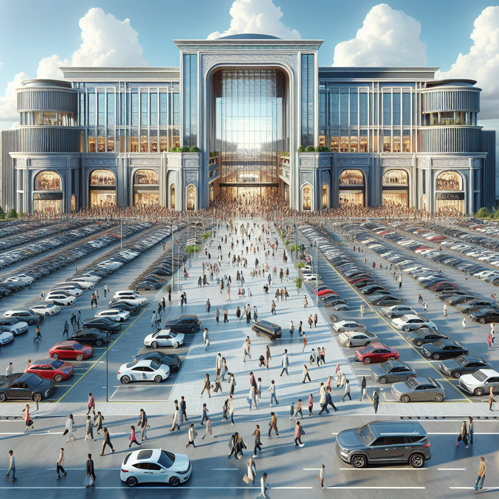 Realistic depiction of the grand exterior of the Mall of America with people and cars.