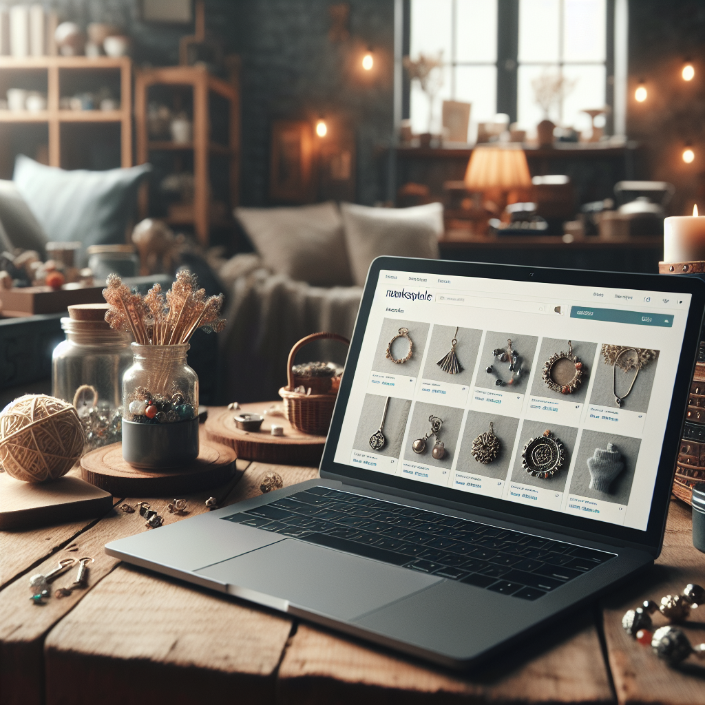 A cozy home setting with a laptop displaying a marketplace for handmade items on a wooden table, surrounded by small handcrafted products.