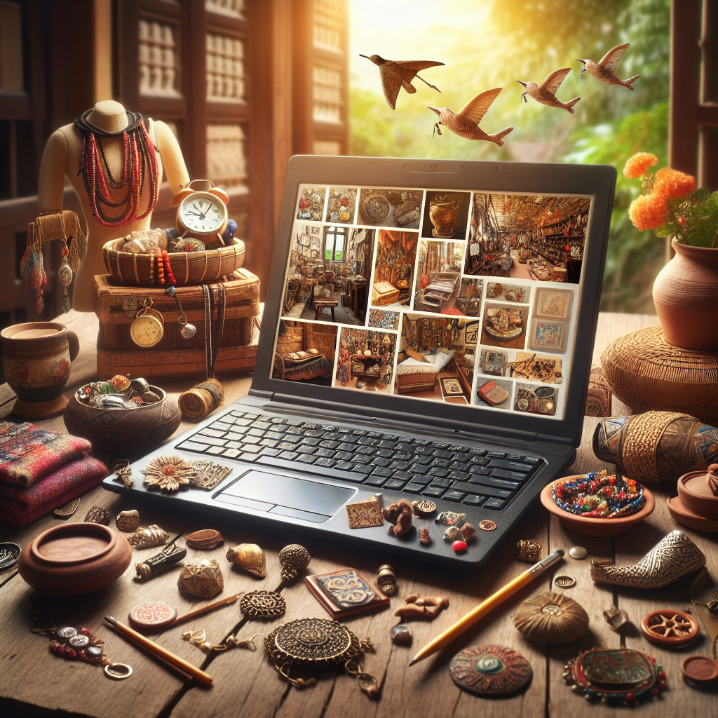 A realistic depiction of a laptop displaying handmade and vintage items, surrounded by artisanal crafts, emphasizing online shopping like Etsy.