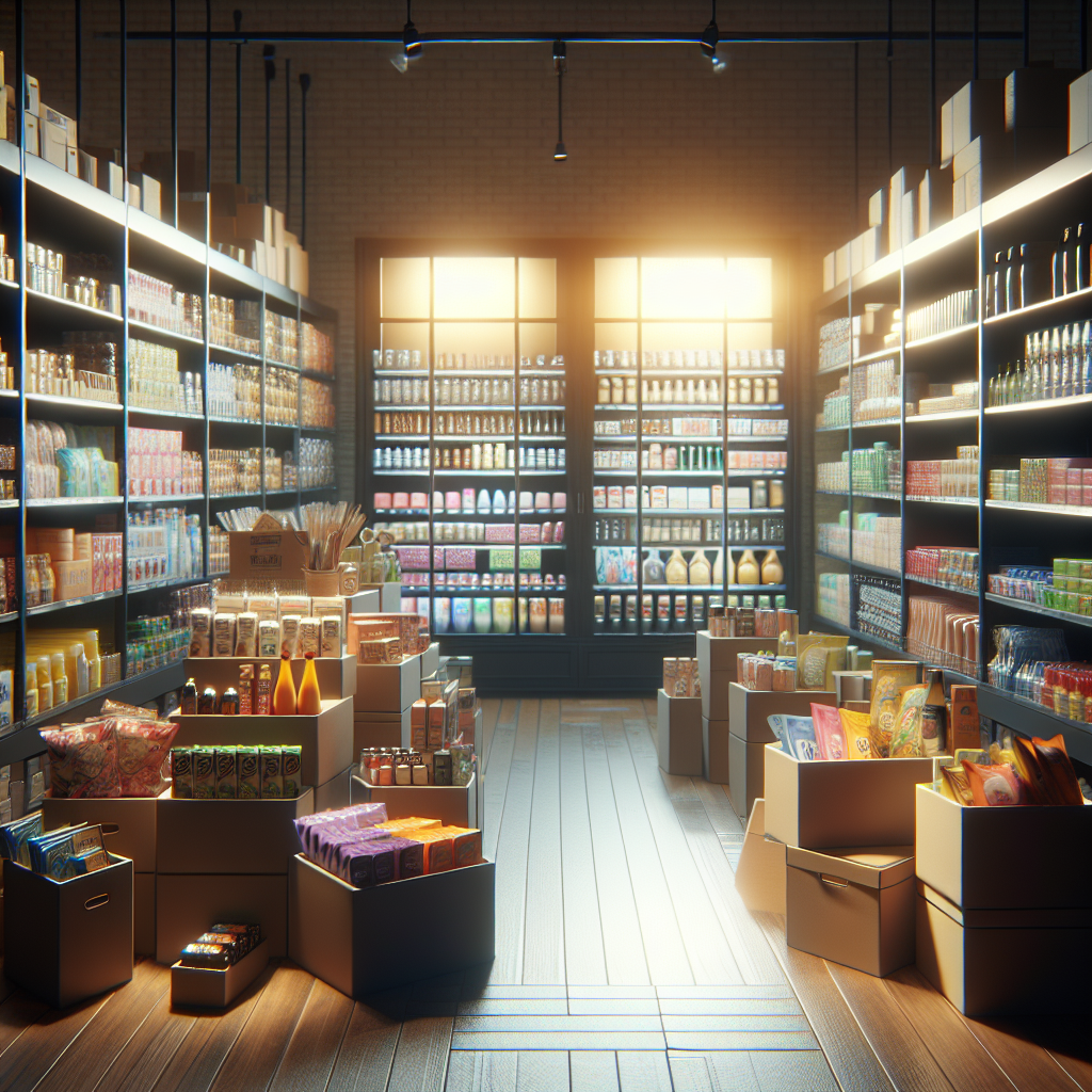A realistic depiction of a shop with a variety of neatly arranged products.