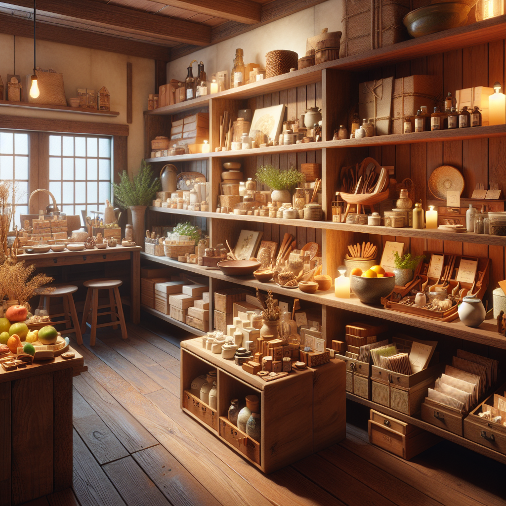 A realistic depiction of a shop's interior with various products on shelves.
