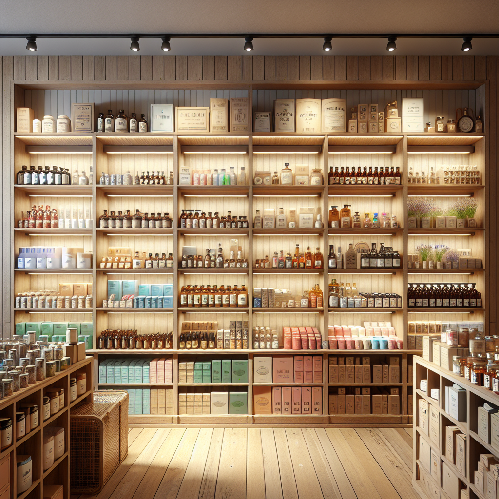 A realistic depiction of a product store interior with neatly arranged shelves displaying various products.