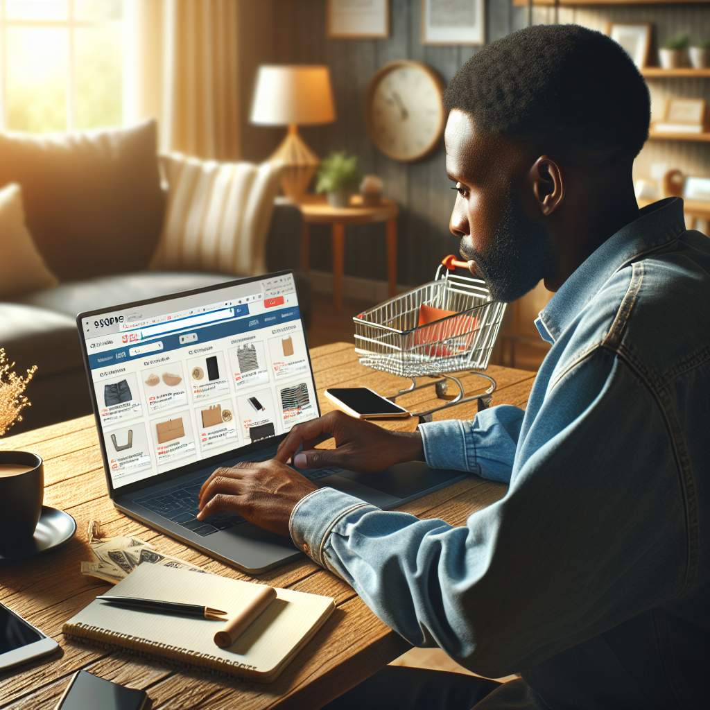 Realistic image of a person using a laptop for online shopping at a desk in a home setting.