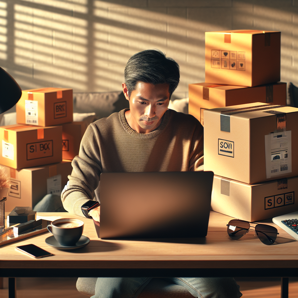 A person engaged in online shopping at a desk, surrounded by shopping bags and boxes.