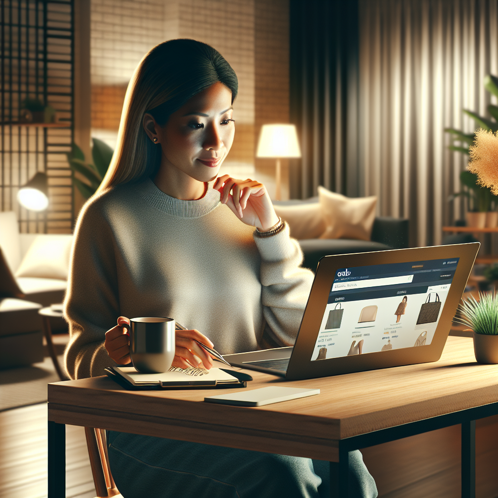 A realistic depiction of a person shopping online at home, sitting at a desk with a laptop in a cozy room.