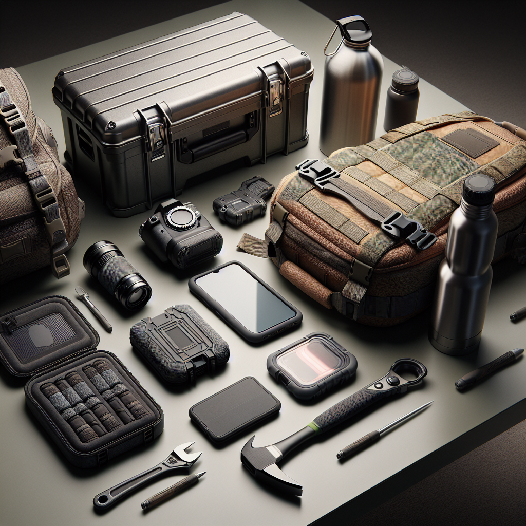 A collection of durable products displayed on a table, including a sturdy toolbox, indestructible water bottle, shock-resistant phone case, and heavy-duty backpack.