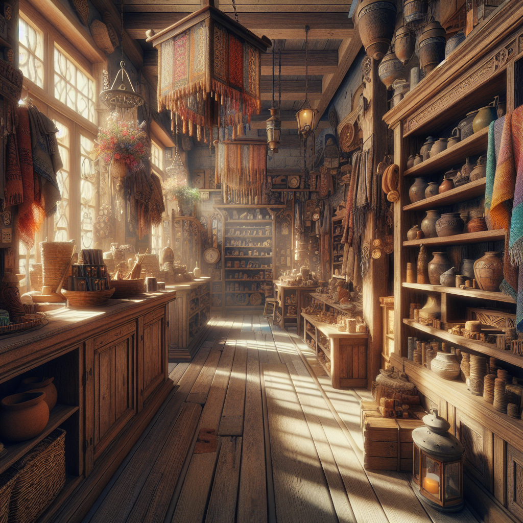 Interior of a rustic shop filled with antique products, colorful fabrics, and handmade crafts, with natural sunlight streaming in.