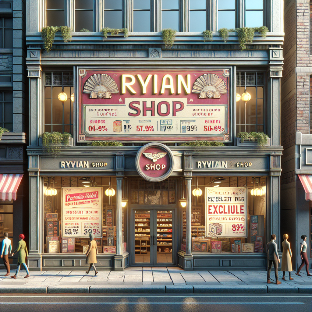 Realistic depiction of Ryvian Shop with best deals banner.