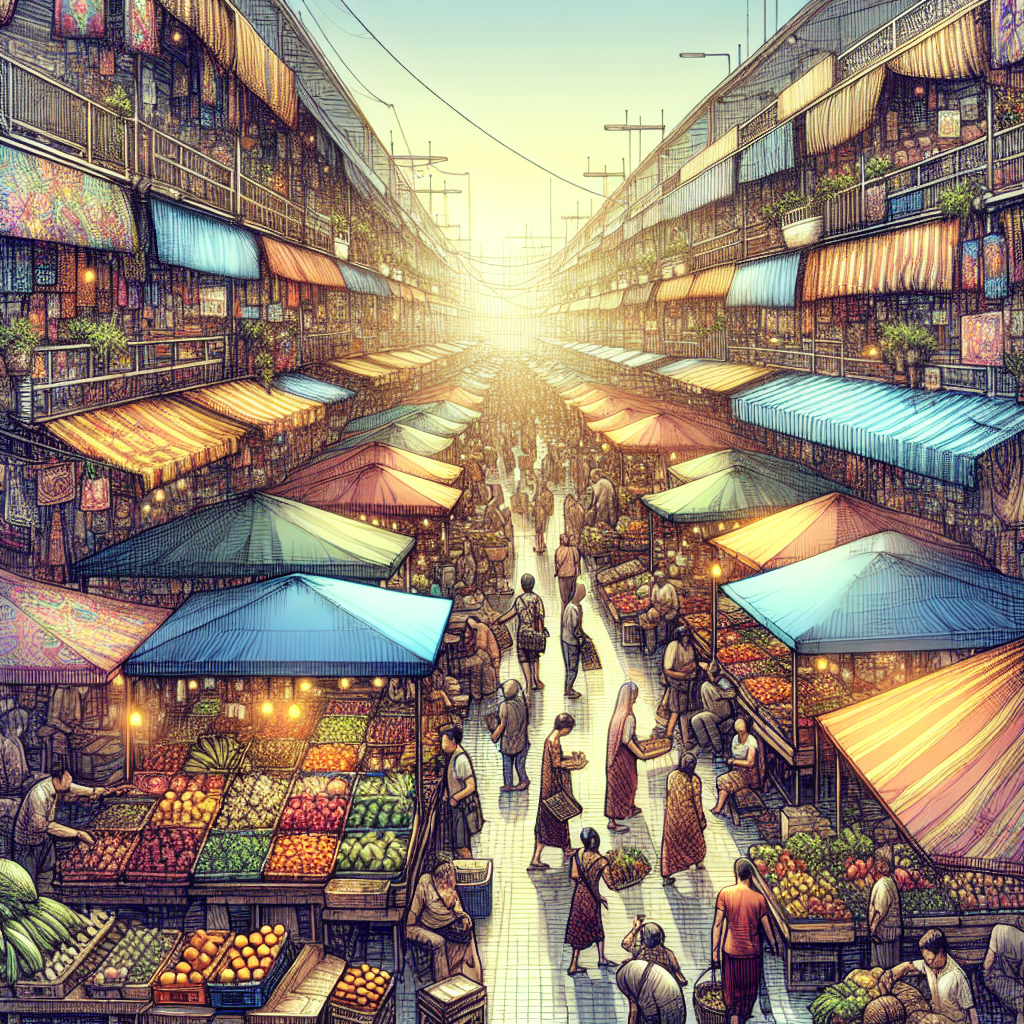 Realistic outdoor market scene with colorful stalls, shoppers, and natural lighting.
