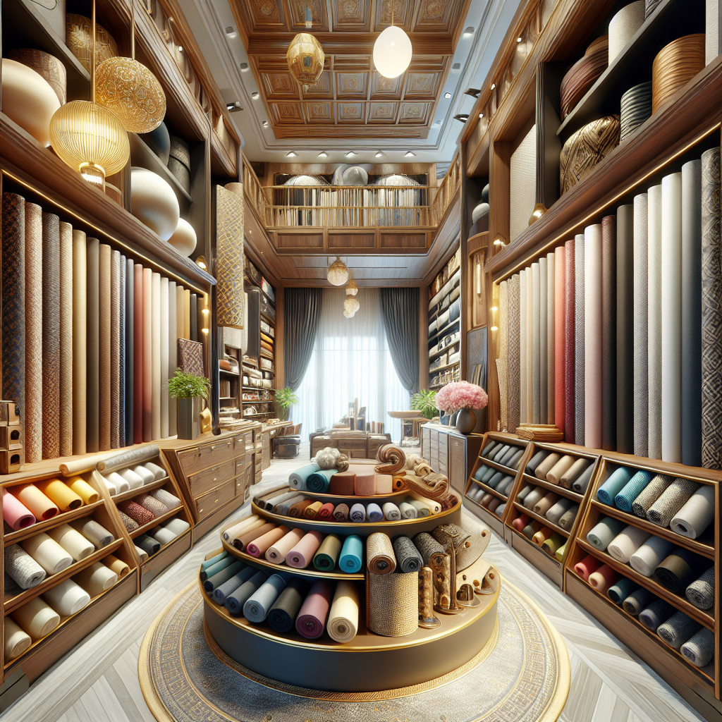 A realistic image of a high-quality materials shop with a variety of materials on display.
