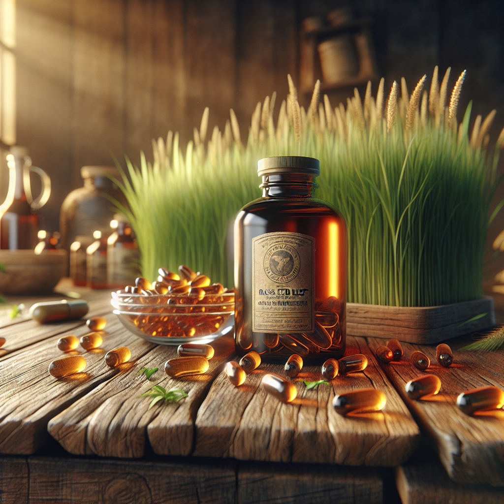 Photorealistic image of a rustic table with a bottle labeled 'Grass-Fed Beef Organ Supplement', fresh grass, and a glass dish with capsule supplements in golden oil.