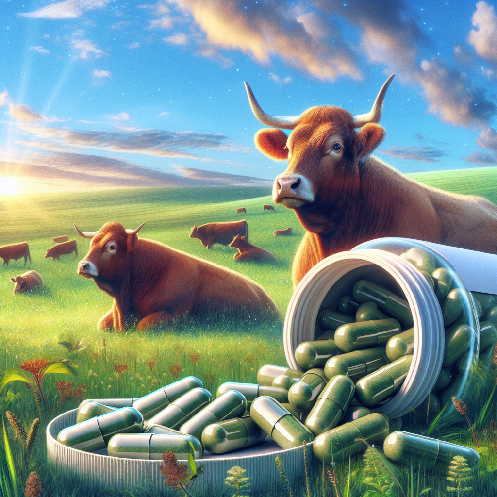 Pastoral scene with grass-fed cattle and organ supplements in capsule form, in a green field under a blue sky.