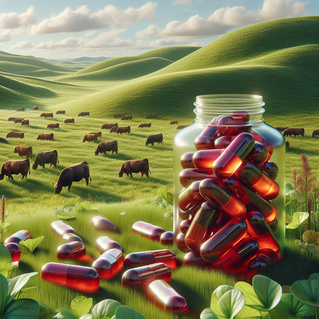 Grass-fed beef organ supplements on vibrant grass with grazing cattle in the background representing a natural and healthy source of nutrients.