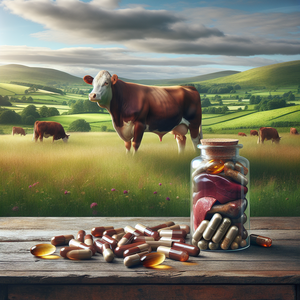 A cow grazing in a green field under blue skies with grass-fed beef organ supplements displayed on a wooden table in the foreground.