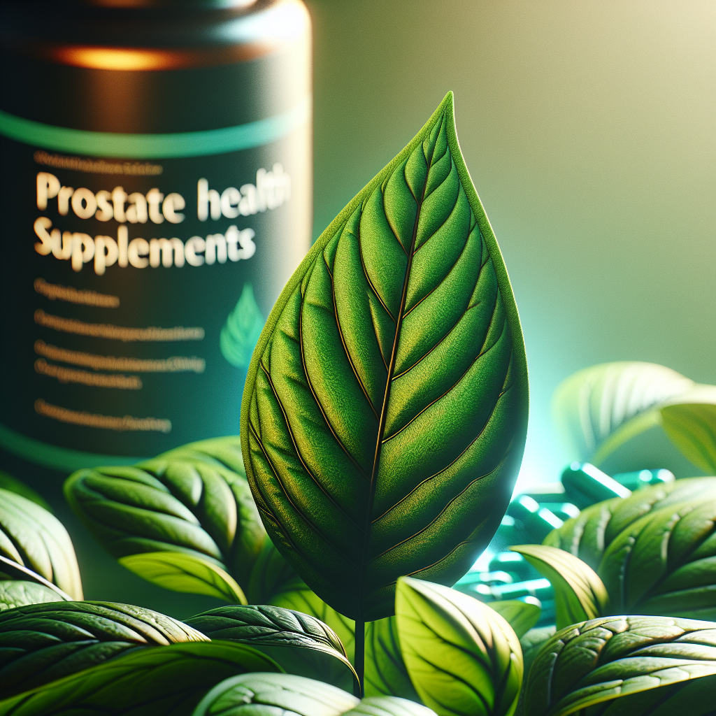 Realistic image of a leaf representing health with a blurred bottle of prostate supplements in the background.