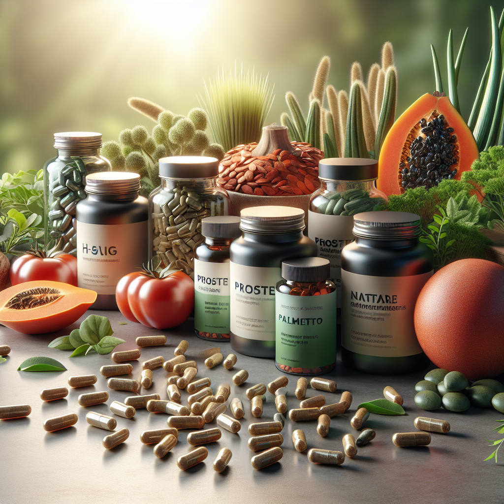 Assortment of prostate health supplements and natural ingredients on a table, in warm, natural lighting.