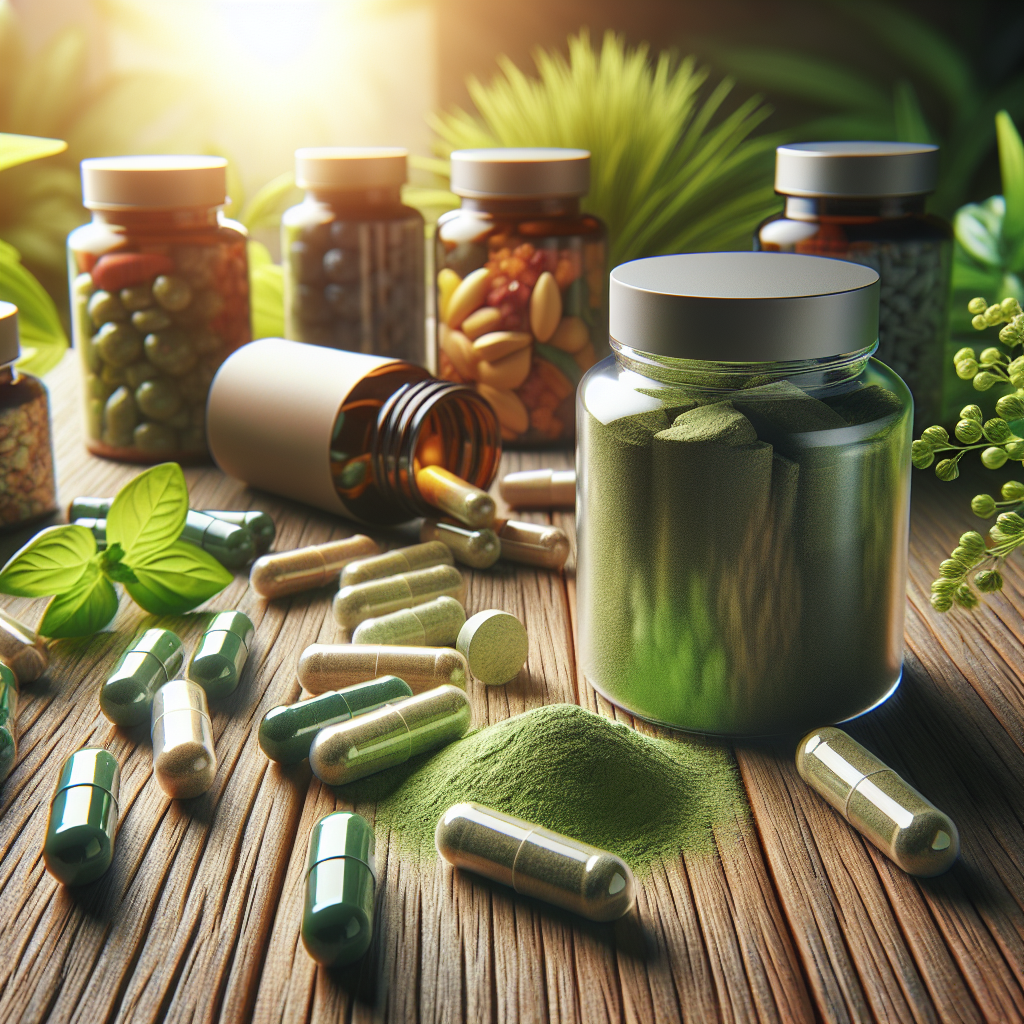 Assorted herbal supplements in capsules on a wooden surface, with one open capsule spilling green powder, set against a blurred green background.