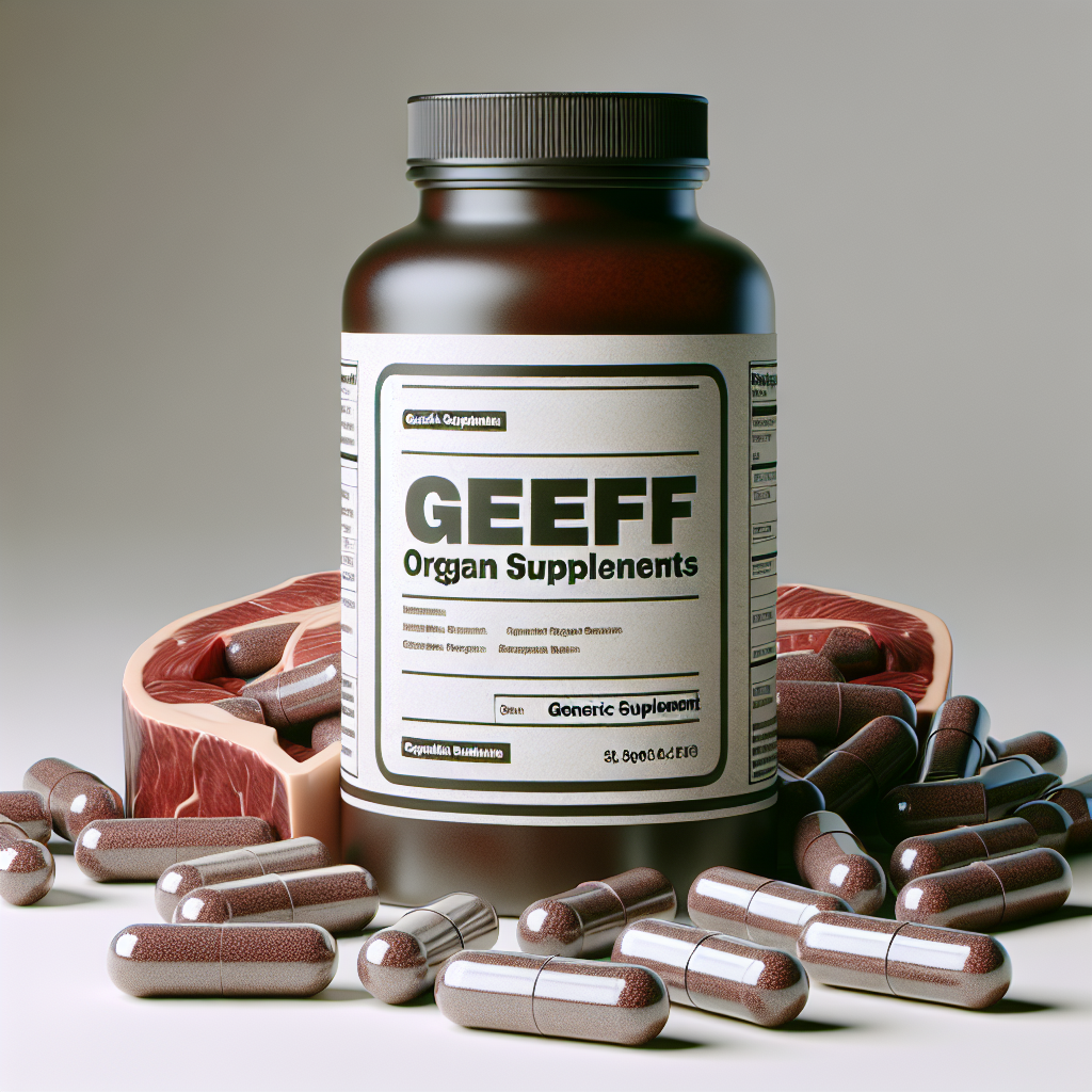 Realistic image of beef organ supplements bottle with capsules.