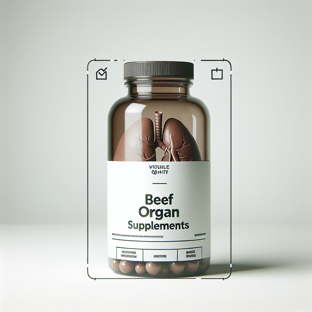 Realistic image of beef organ supplements bottle on a white background.
