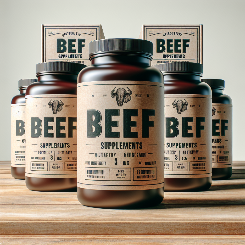 Realistic depiction of beef organ supplements in a rustic kitchen setting.