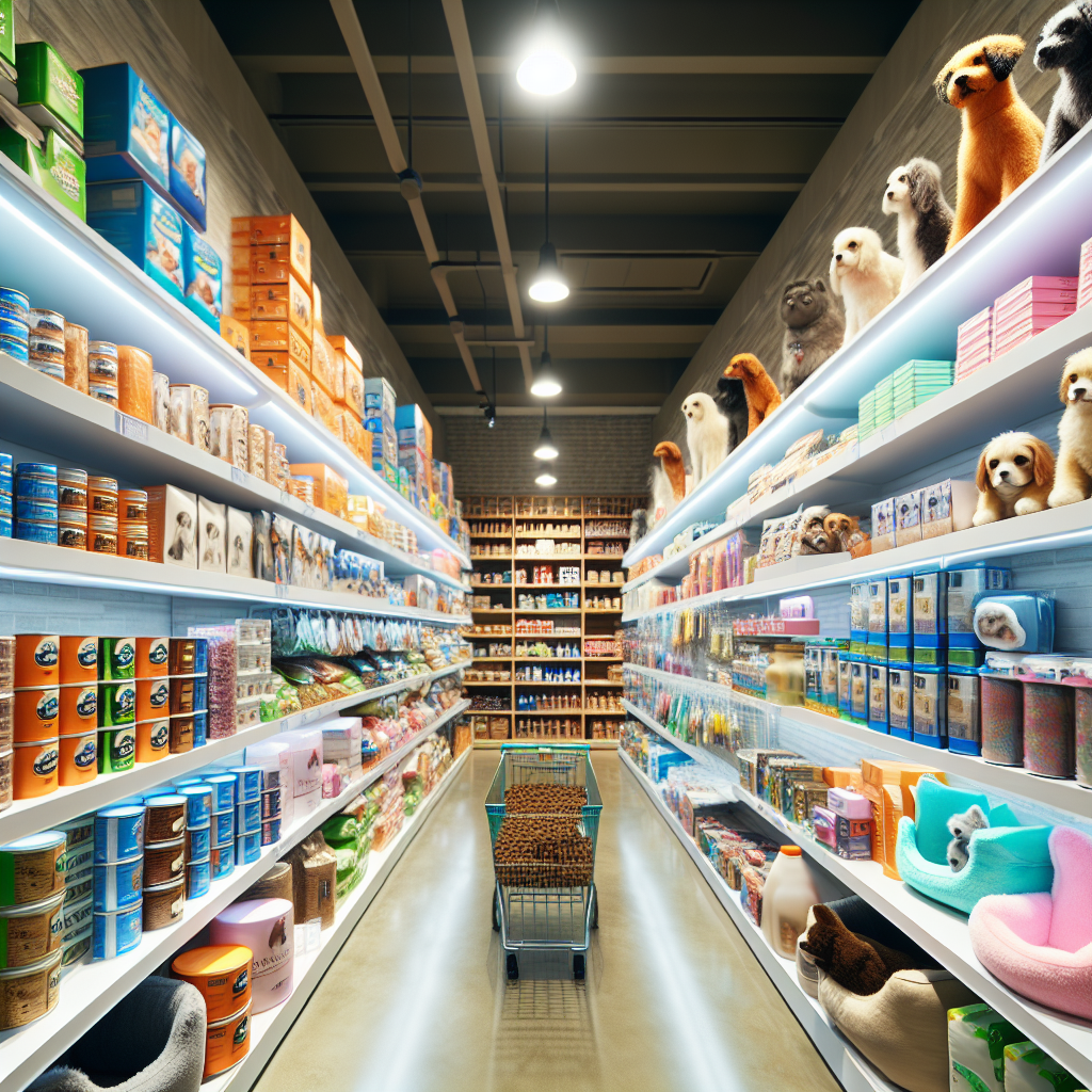 An image of the interior of a pet supply store with neatly arranged products on shelves.