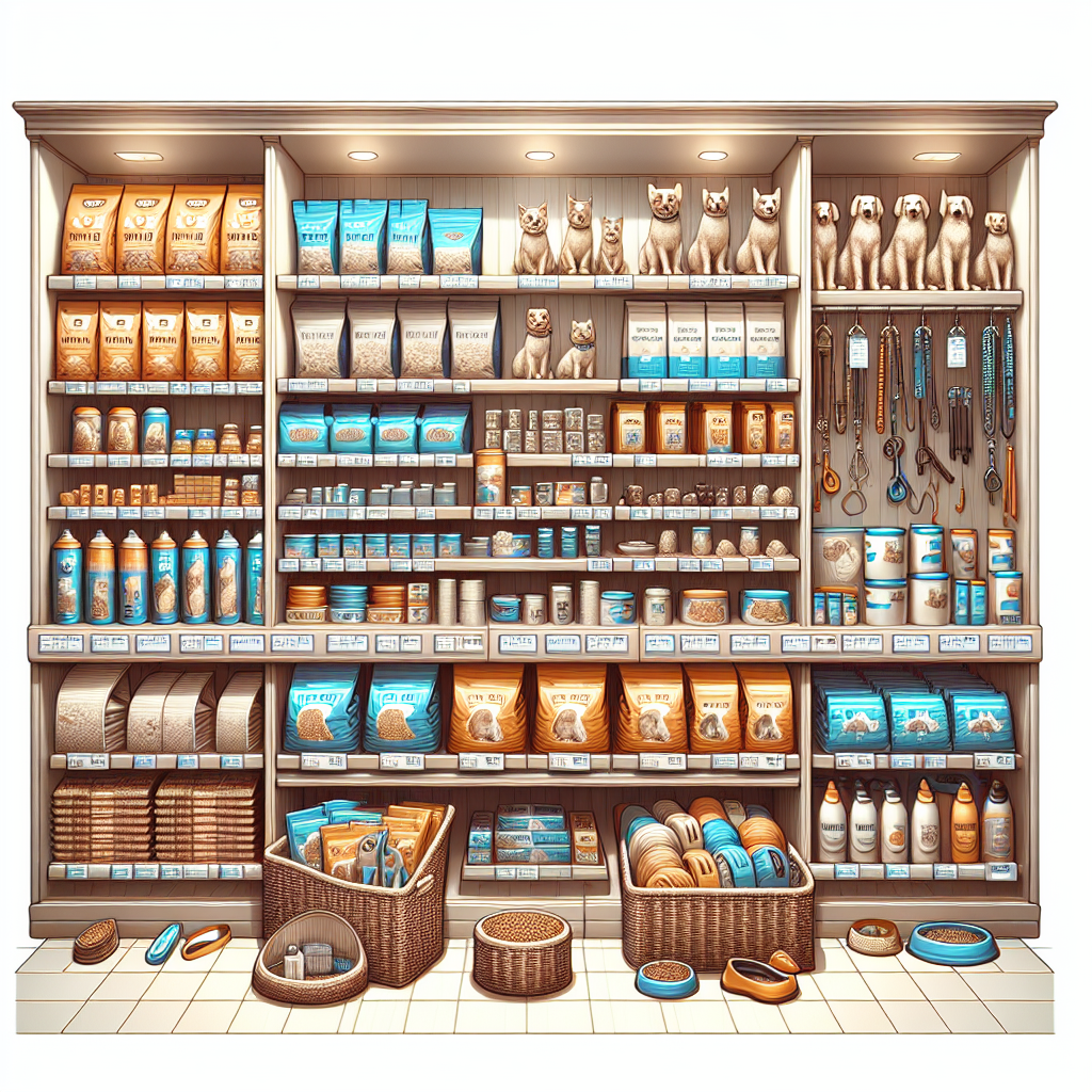 Interior of a well-organized pet supply store with shelves stocked with various pet products.