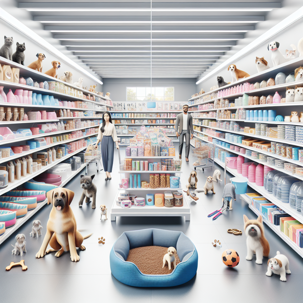 Realistic image of the interior of a pet supplies store with organized shelves and pets with owners.