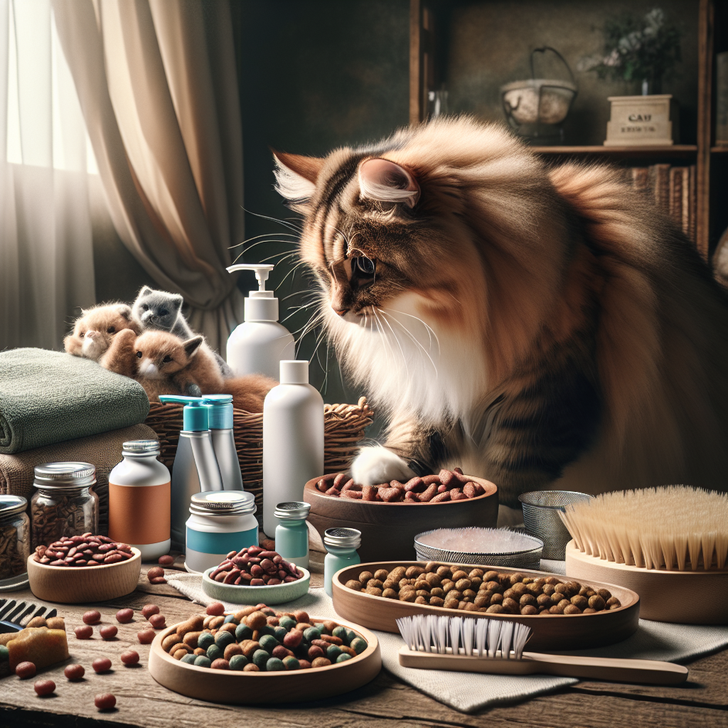 Realistic image related to cat nutrition and hygiene.