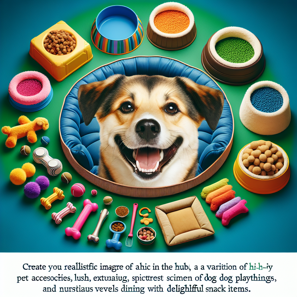 A joyful dog with premium pet supplies including toys, a bed, and food bowls.