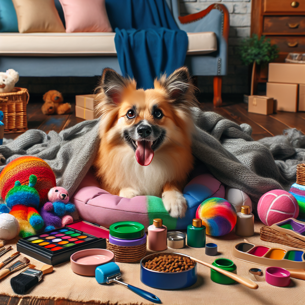 A happy dog with an array of premium pet supplies.