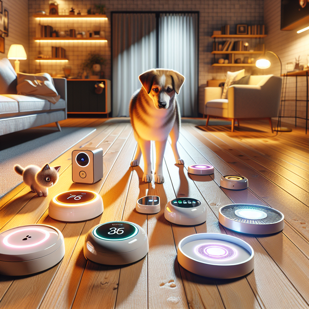 Various pet gadgets on a living room floor with a playful dog or cat.