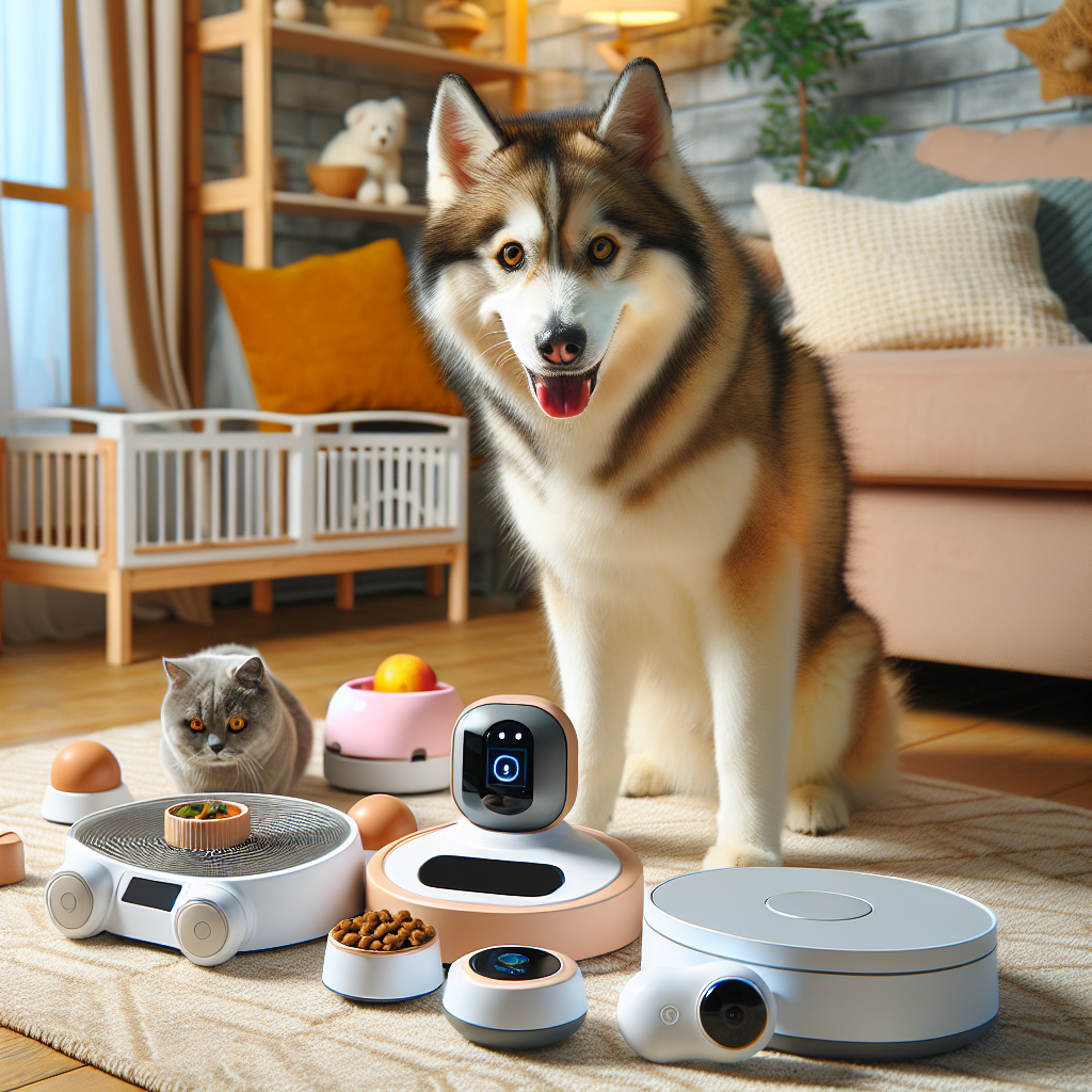An assortment of pet gadgets on a living room floor with a pet engaging with them.