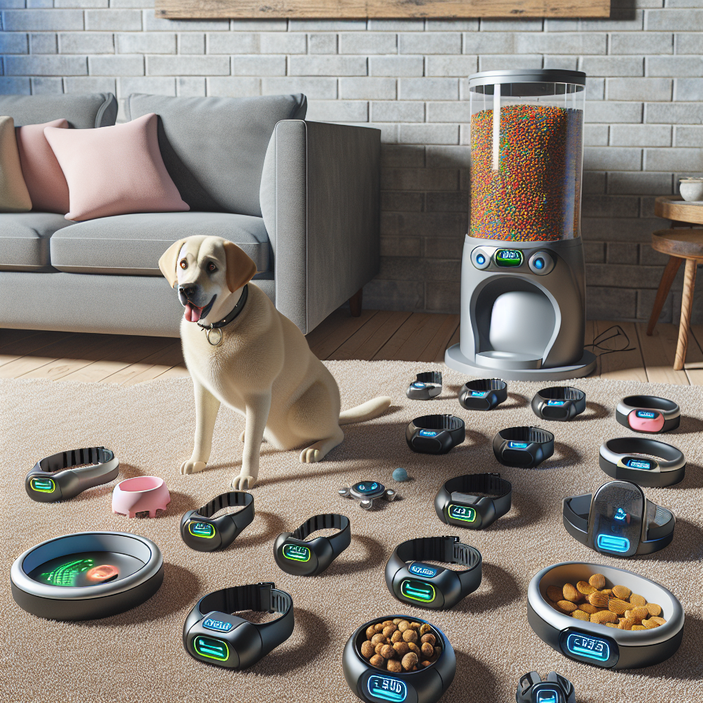 Realistic scene with various pet gadgets on a living room floor and a pet engaging with them playfully.