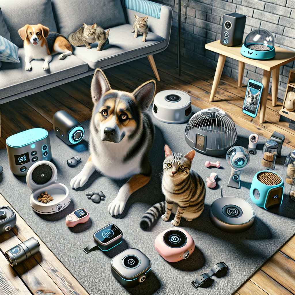 A dog or cat engaging with various pet gadgets on a living room floor.