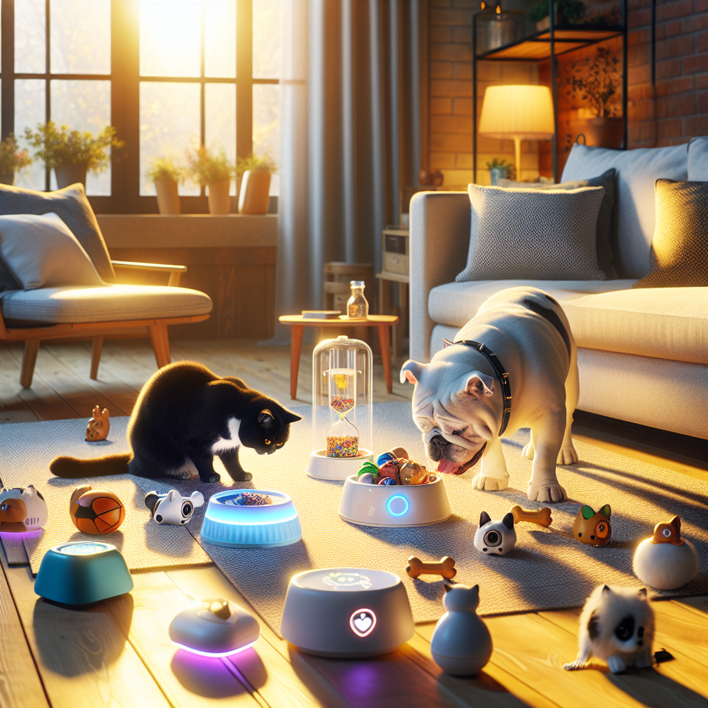 A living room with pet gadgets and a pet interacting with them.