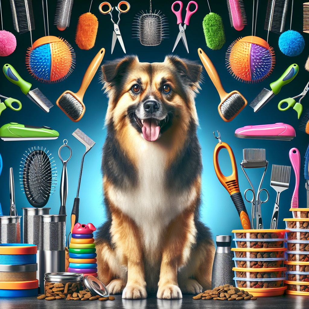 A happy dog with an assortment of pet supplies including toys, grooming tools, and food packages.