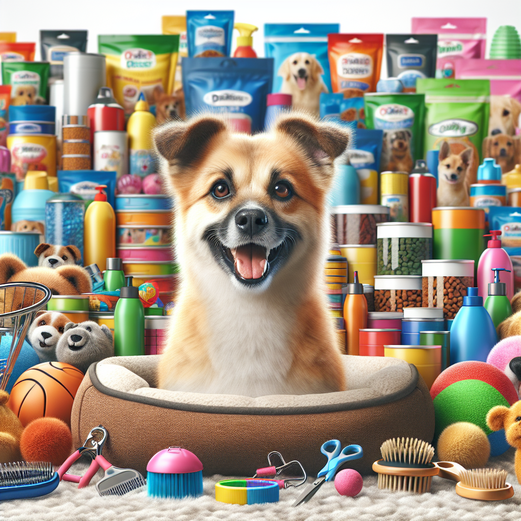A realistic image of a happy dog with pet supplies.