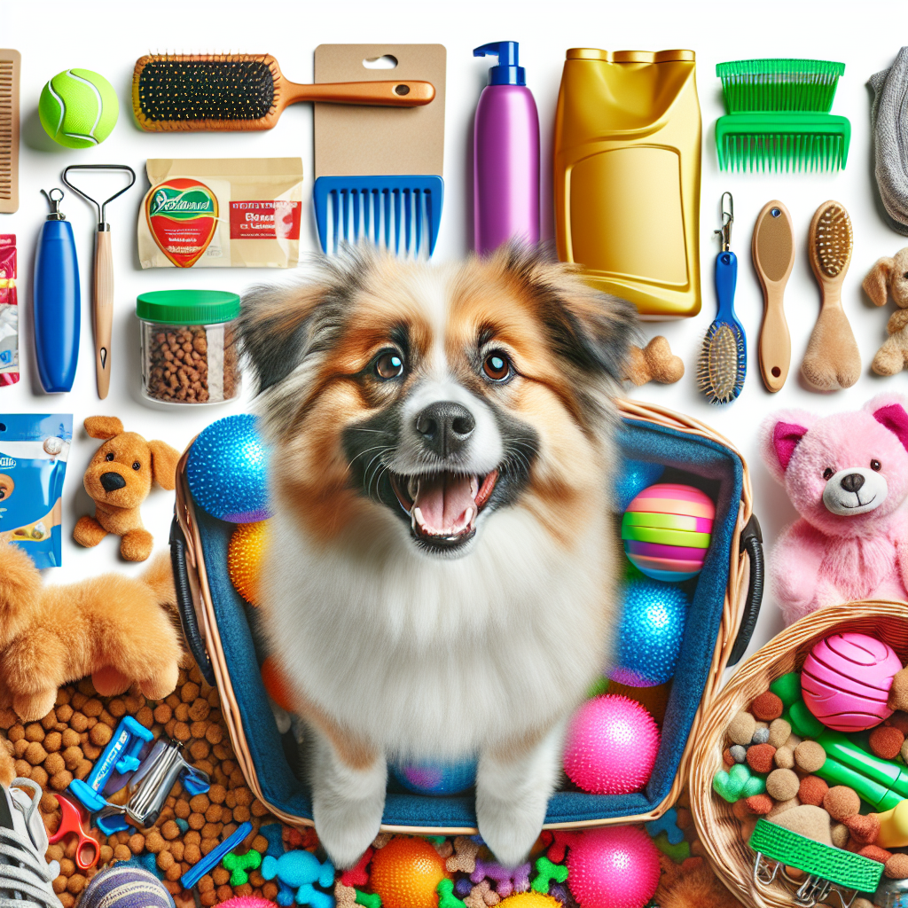 A joyful dog with an array of pet supplies.