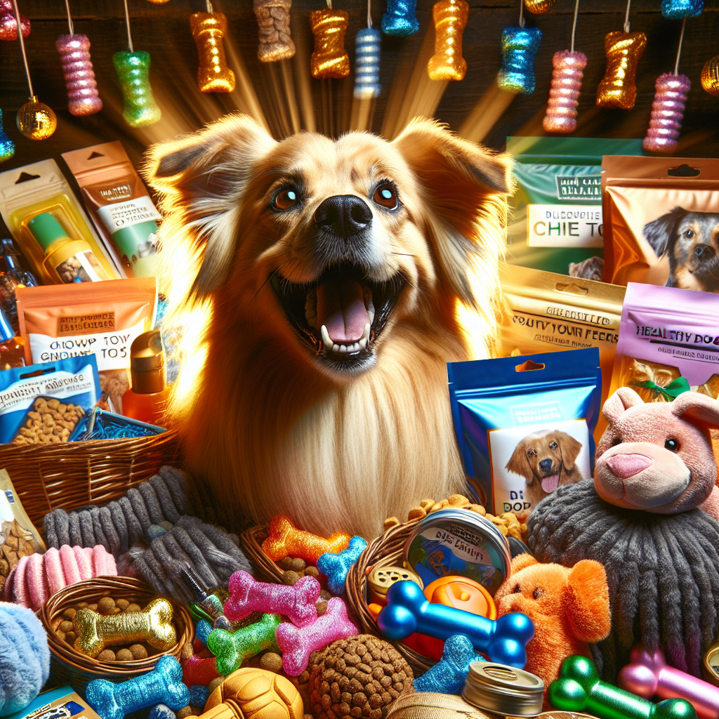A happy dog surrounded by various pet supplies in a realistic style.