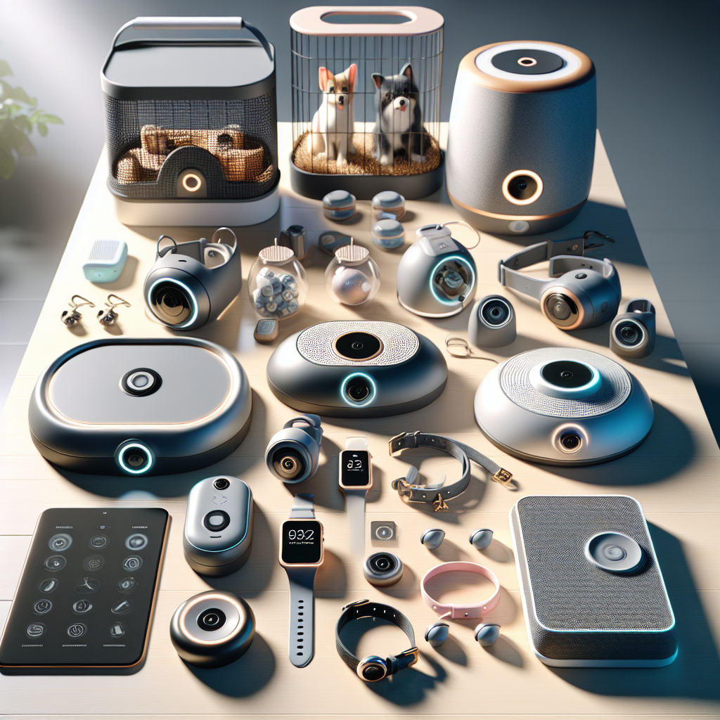Realistic image of new pet gadgets including automated feeders, GPS collars, and smart pet cameras.