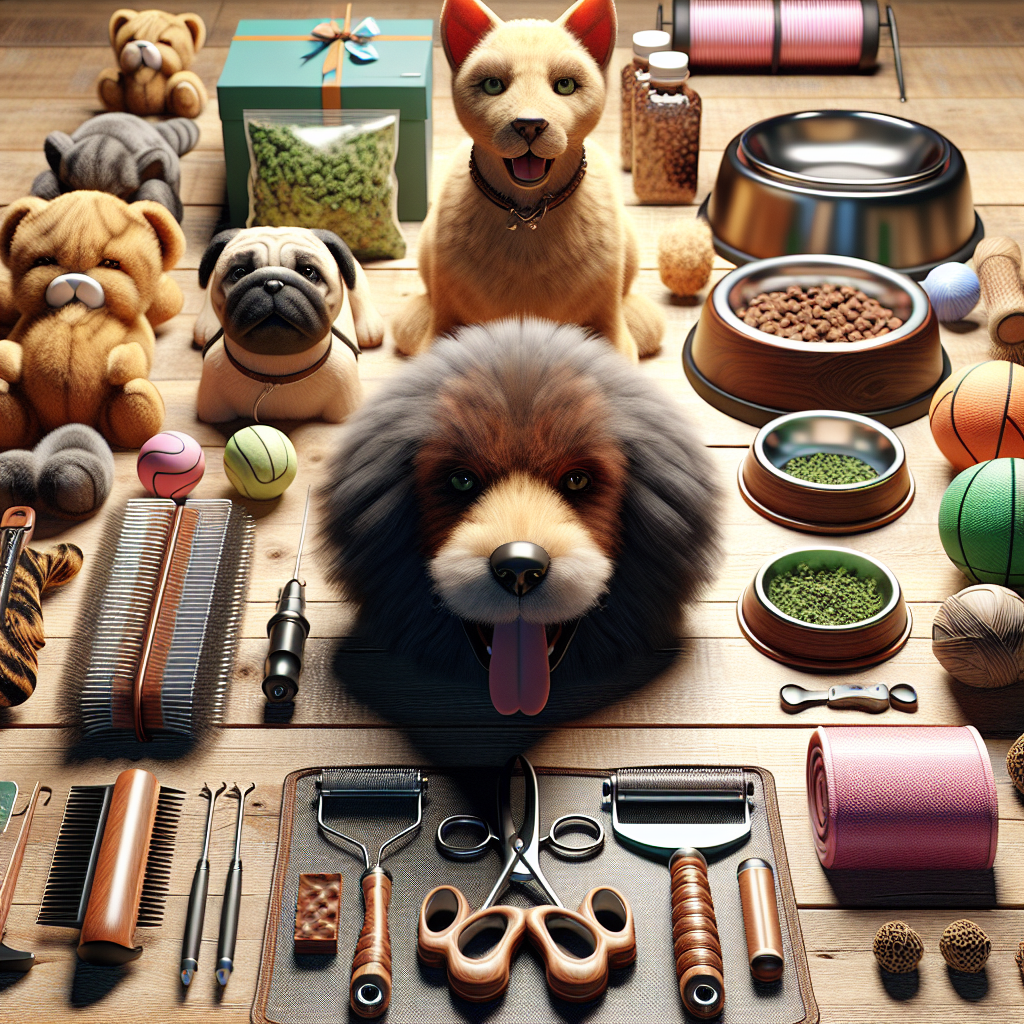A realistic depiction of various pet supplies arranged on a wooden table.