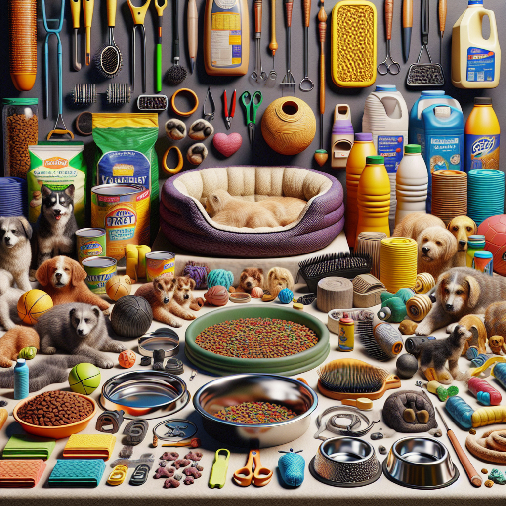 A realistic image of various pet supplies arranged neatly on a table.