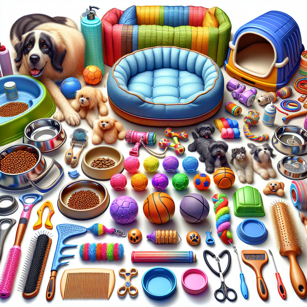 A realistic assortment of pet supplies including beds, toys, food bowls, and grooming tools.