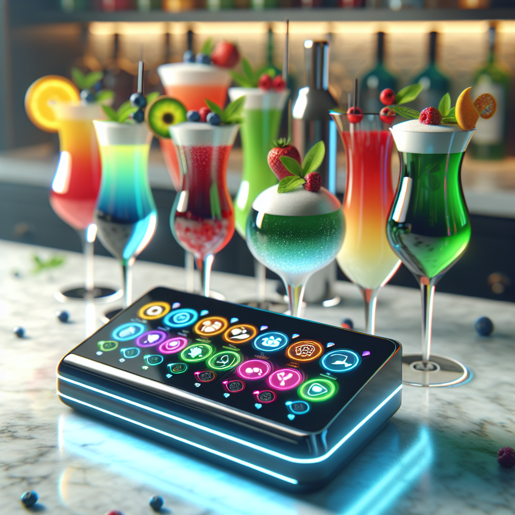 Cocktail recipes generator on a modern kitchen counter.