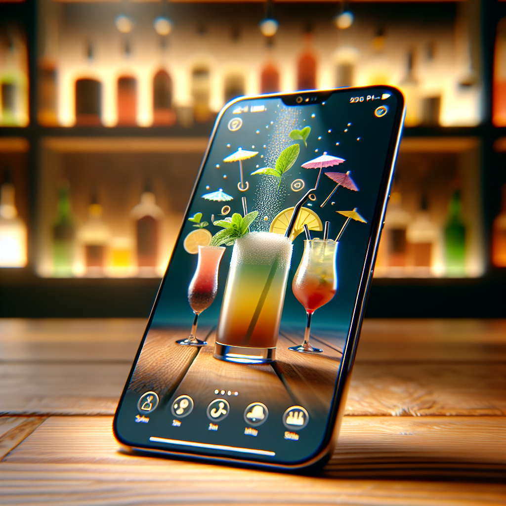 A realistic image of a cocktail recipe generator app on a smartphone displaying various colorful virtual cocktails on a bar counter.
