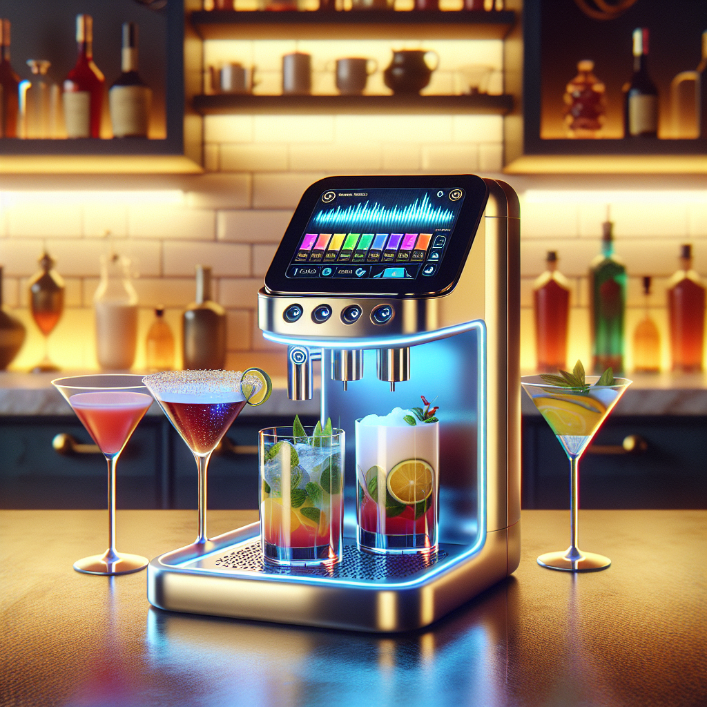 Modern kitchen counter with a cocktail recipes generator and colorful cocktails in various glasses.