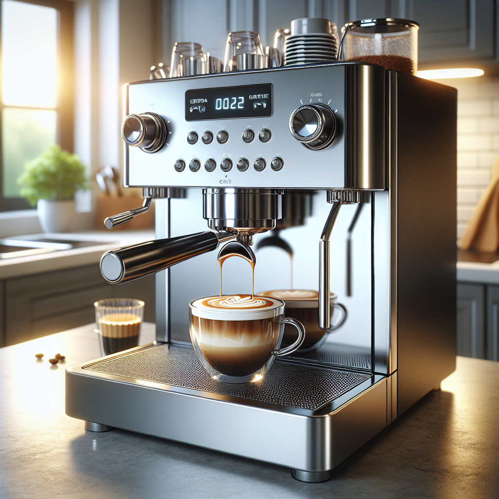 A realistic image of an espresso machine making a latte in a modern kitchen.