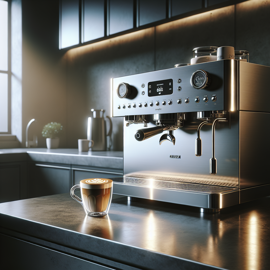 A modern espresso machine with a freshly brewed latte.