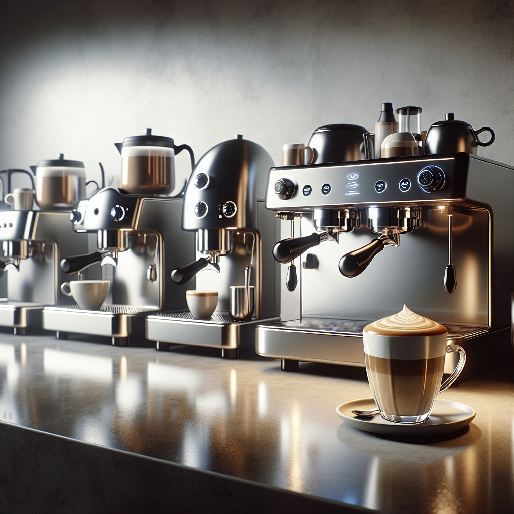 Various espresso machines for lattes displayed in a modern kitchen.