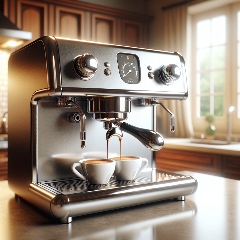 A high-end espresso machine brewing coffee in a modern kitchen.